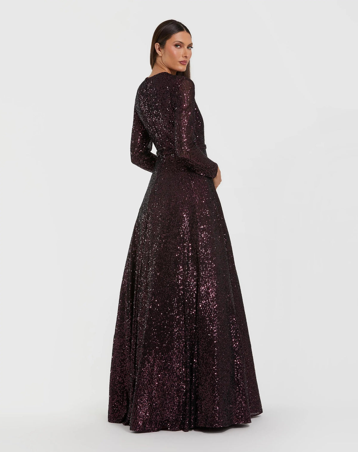 Mac Duggal Dark Purple Long Sleeve Sequin Ball Gown With 3D Flower