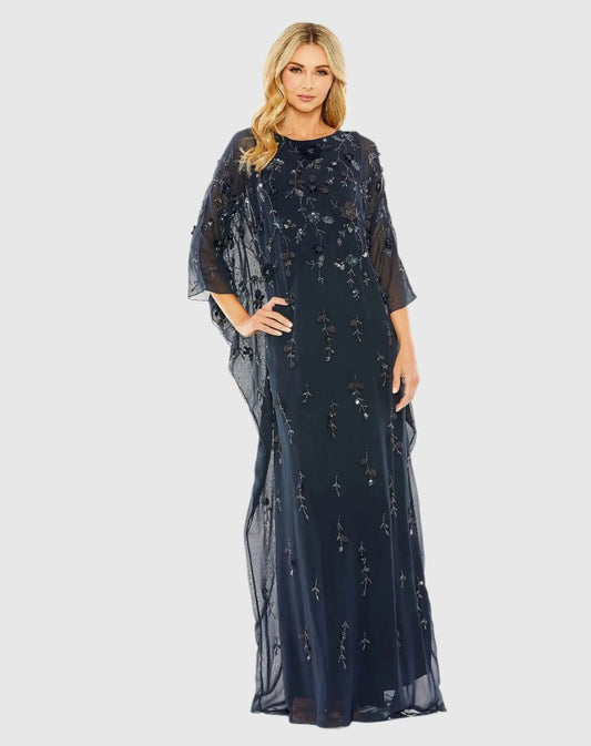 Mac Duggal Navy Floral Embellished Kaftan Gown