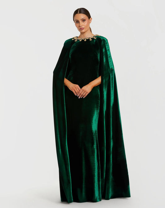 Mac Duggal Dark Green Velvet Cape Gown With Embellished Neckline