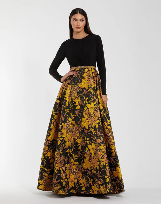 Mac Duggal Black Long Sleeve Floral Brocade Ball Gown