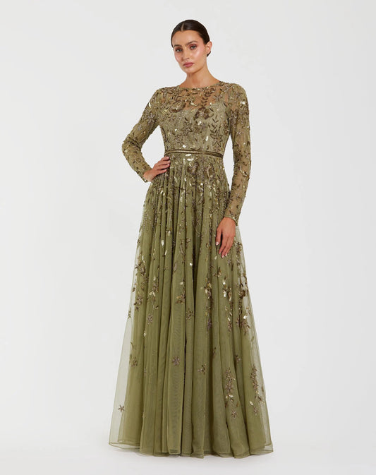 Mac Duggal Green Long Sleeve Hand Embellished Floral A-line Gown