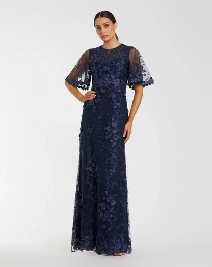 Mac Duggal Navy Flutter Sleeve Floral Embroidered Net Gown
