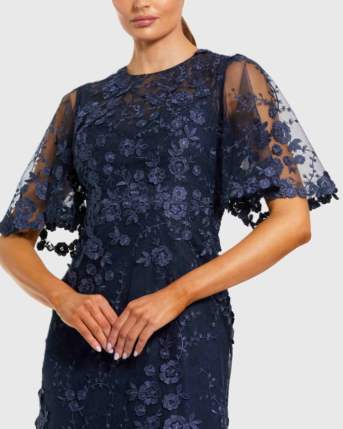 Mac Duggal Navy Flutter Sleeve Floral Embroidered Net Gown