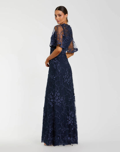 Mac Duggal Navy Flutter Sleeve Floral Embroidered Net Gown