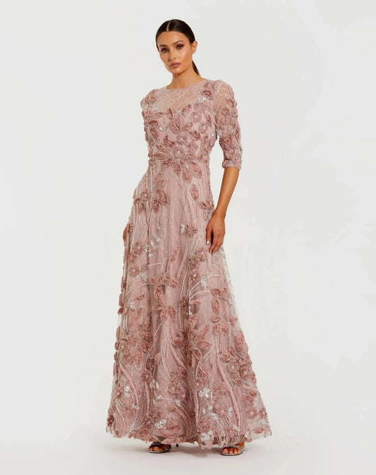 Mac Duggal Pink High Neck Embellished Lace Gown With 3/4 Sleeves