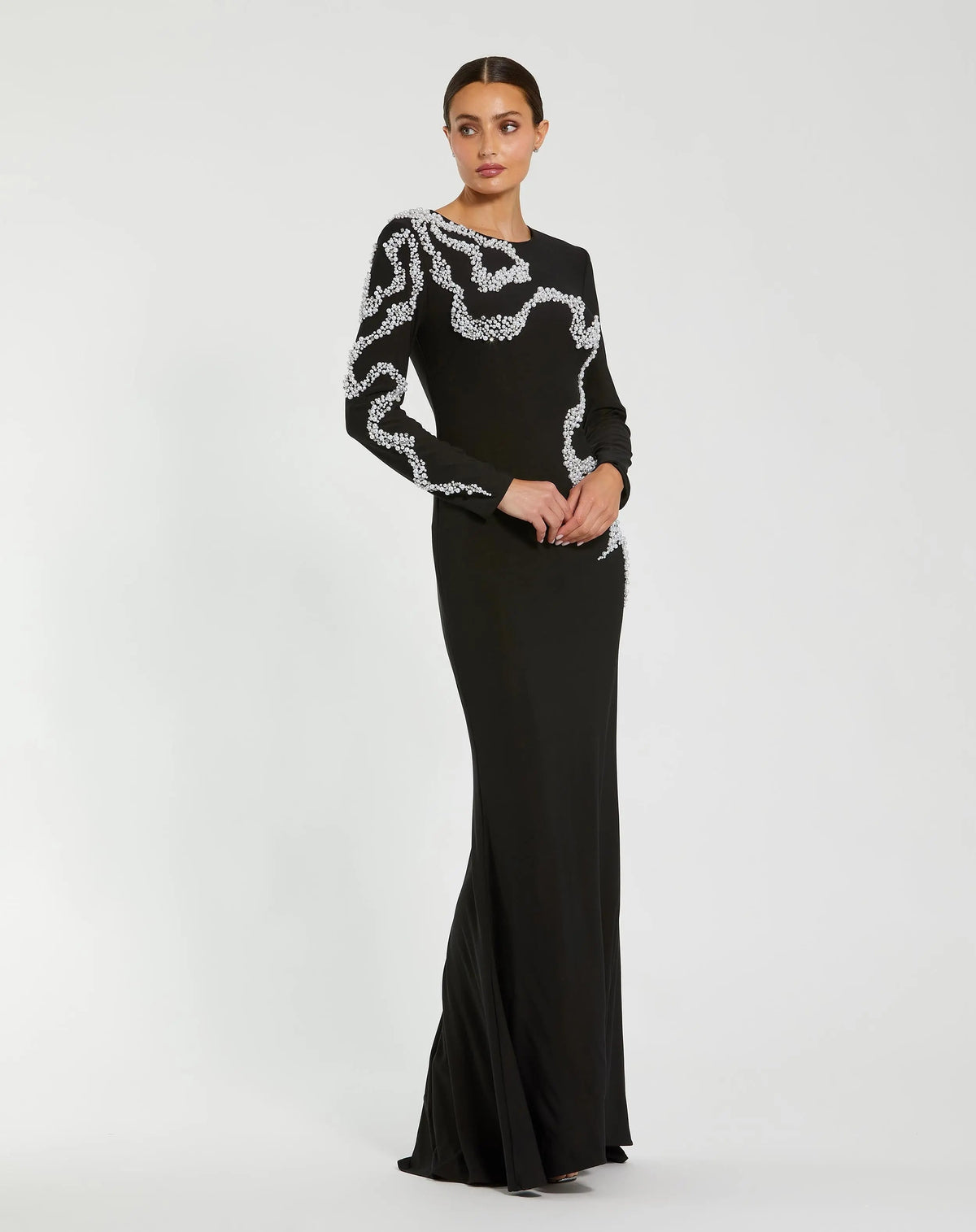 Mac Duggal Black Jersey Evening Gown With Beaded Swirl Detail