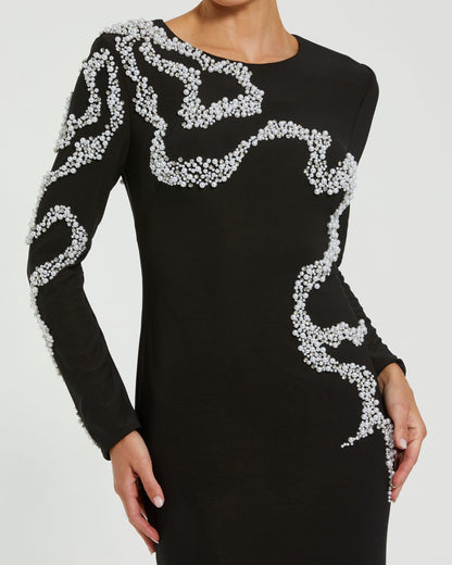 Mac Duggal Black Jersey Evening Gown With Beaded Swirl Detail