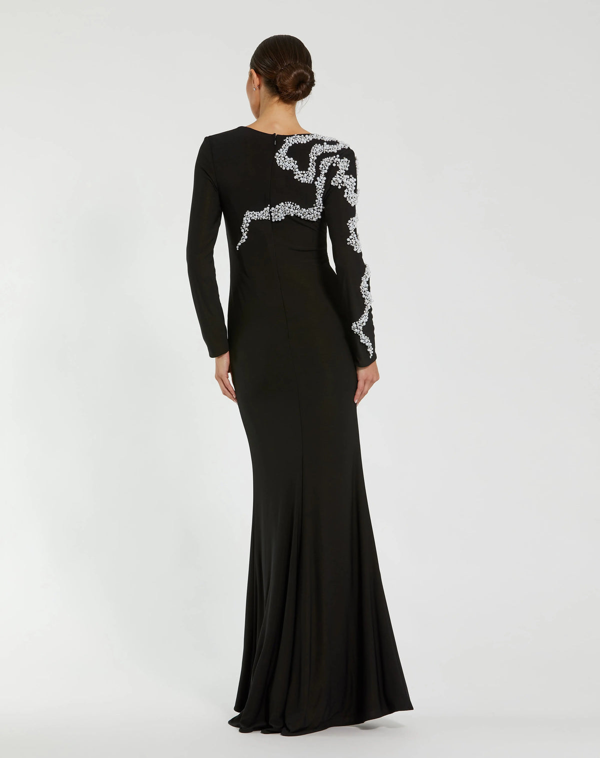 Mac Duggal Black Jersey Evening Gown With Beaded Swirl Detail