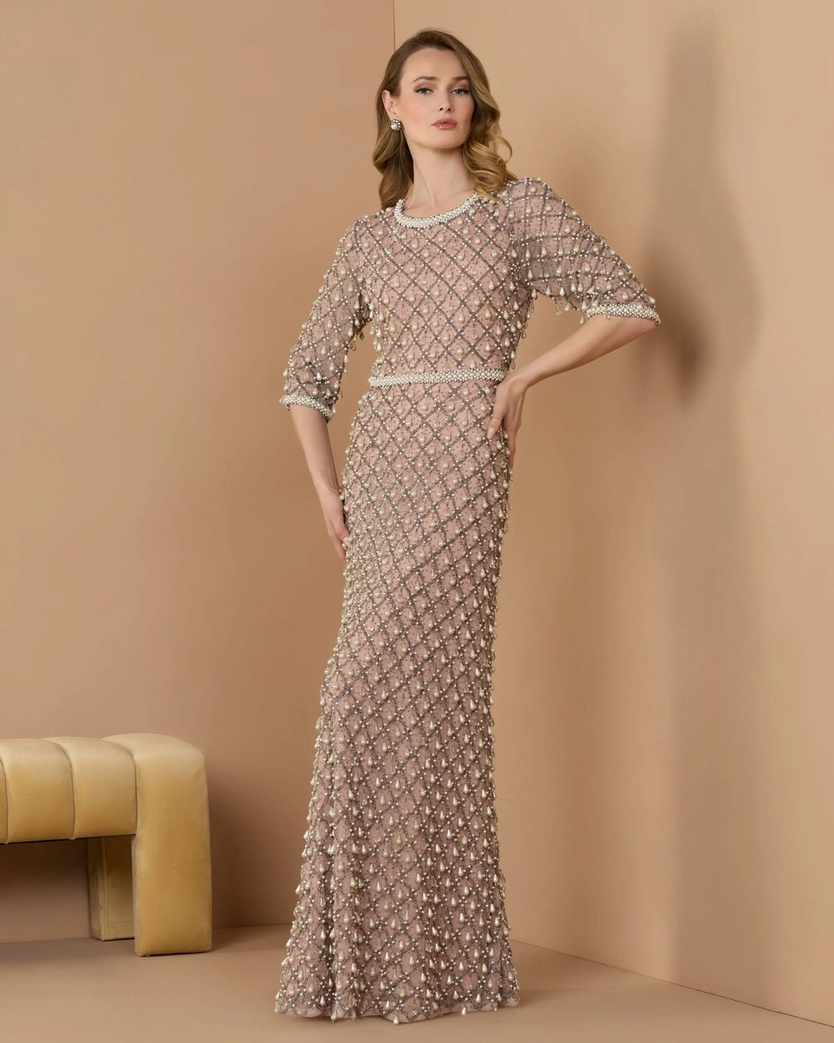 Mac Duggal Pink Pearl Embellished 3/4 Sleeve Gown