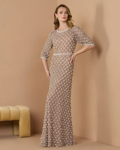 Mac Duggal Pink Pearl Embellished 3/4 Sleeve Gown