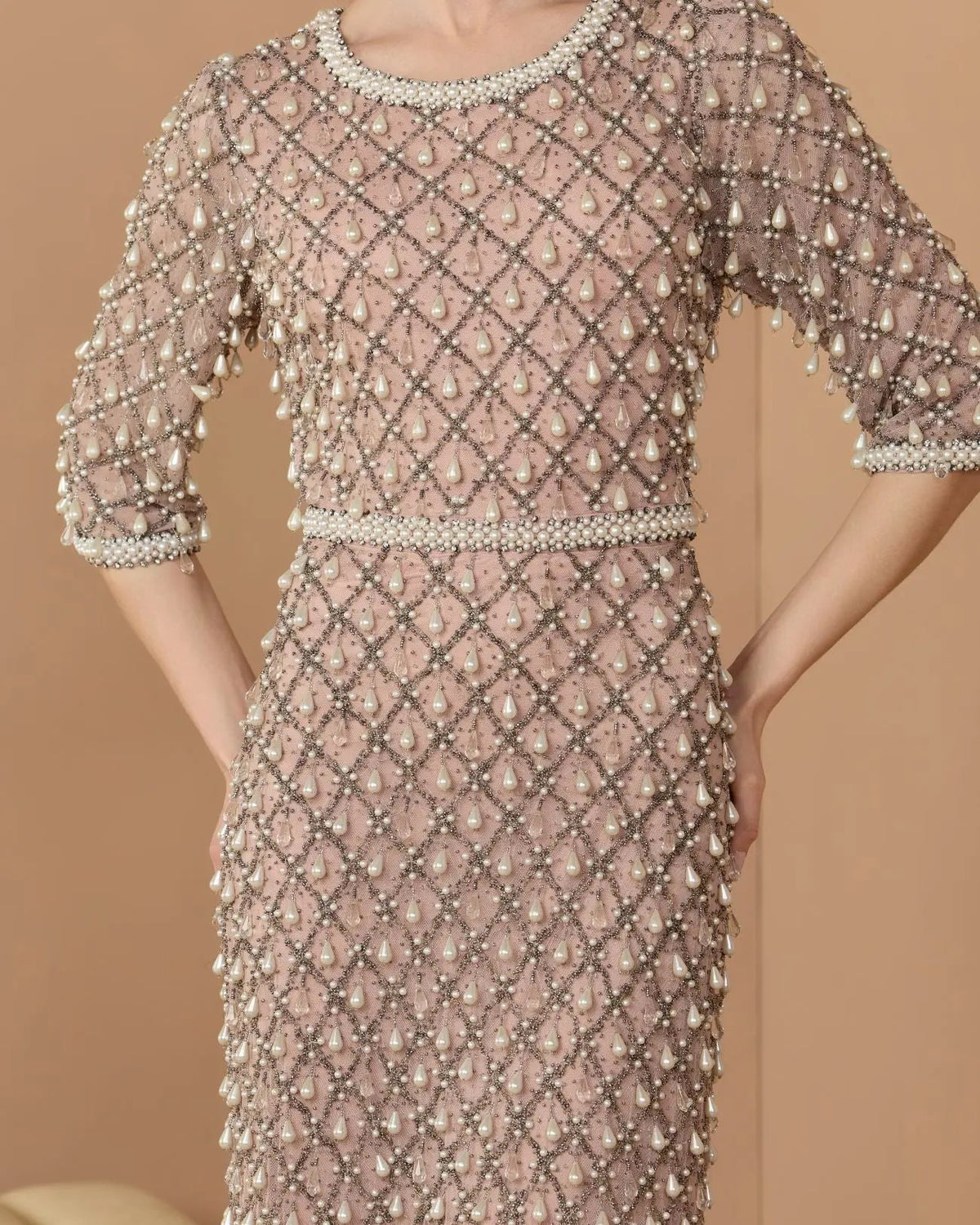 Mac Duggal Pink Pearl Embellished 3/4 Sleeve Gown