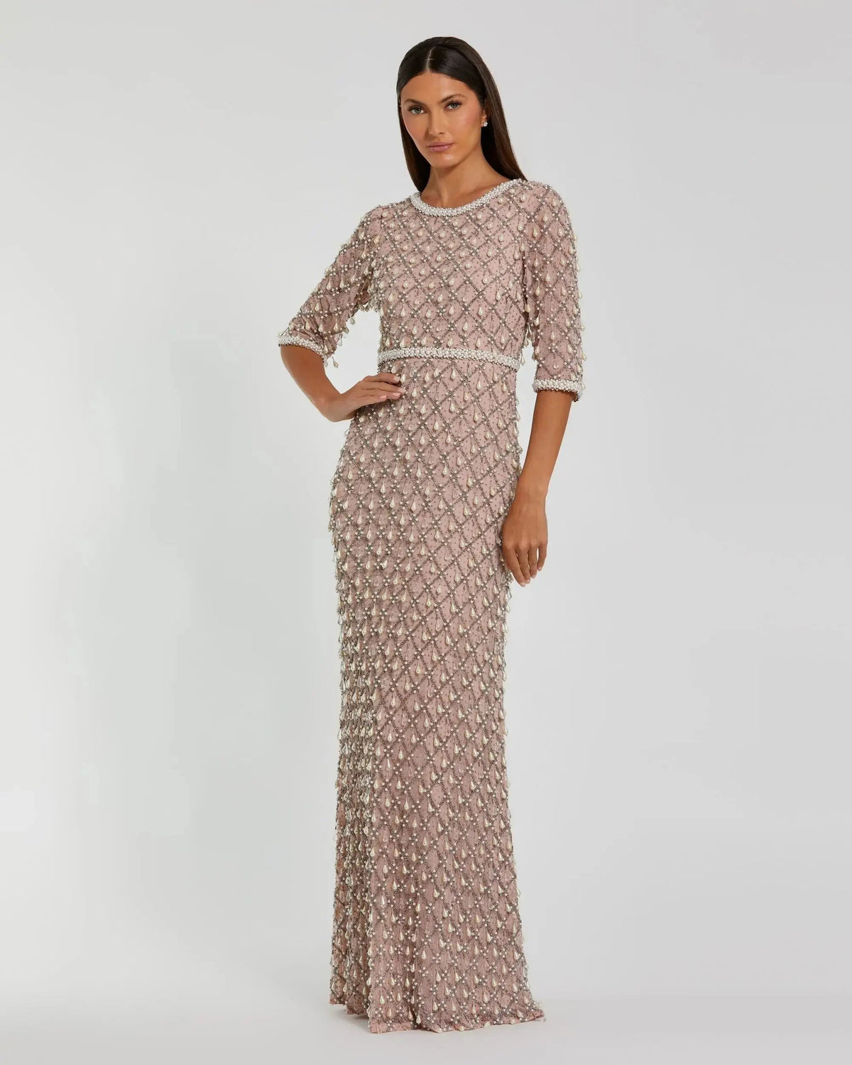 Mac Duggal Pink Pearl Embellished 3/4 Sleeve Gown