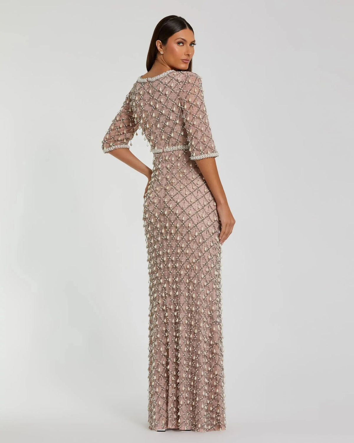 Mac Duggal Pink Pearl Embellished 3/4 Sleeve Gown