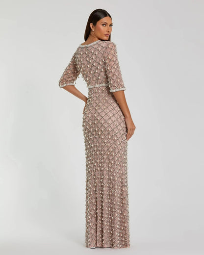 Mac Duggal Pink Pearl Embellished 3/4 Sleeve Gown