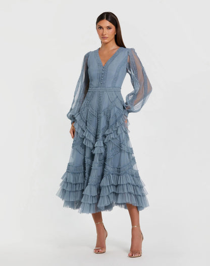 Mac Duggal Blue Long Sleeve V-Neck Micro Ruffle Midi Dress