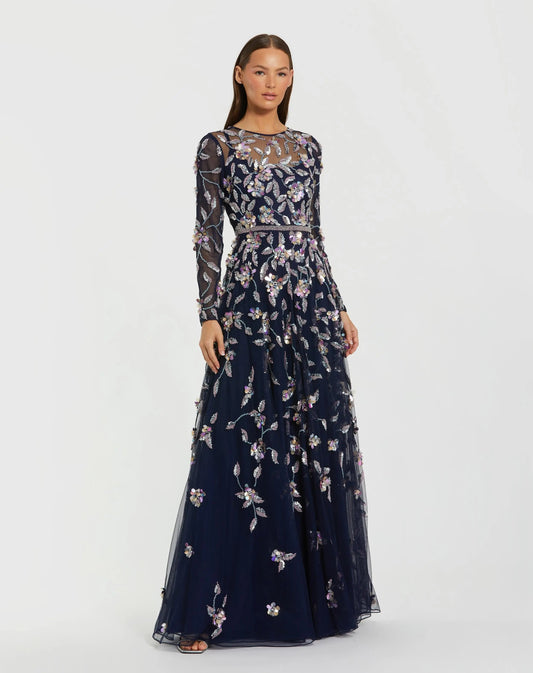 Mac Duggal Navy Long Sleeve Floral Embellished Evening Gown