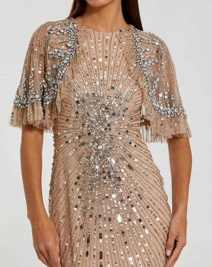 Mac Duggal Beige Embellished Mesh Fitted Gown With Capelet