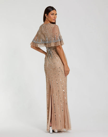 Mac Duggal Beige Embellished Mesh Fitted Gown With Capelet
