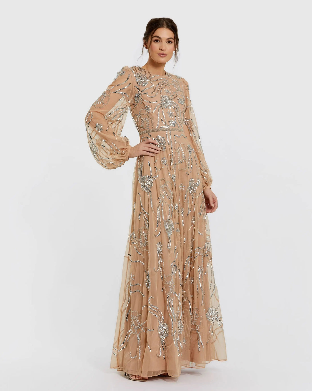 Mac Duggal Beige Embellished High Neck Puff Sleeve Gown
