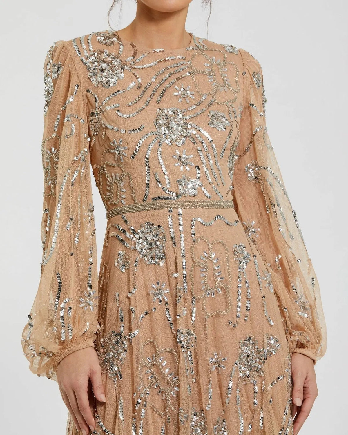 Mac Duggal Beige Embellished High Neck Puff Sleeve Gown