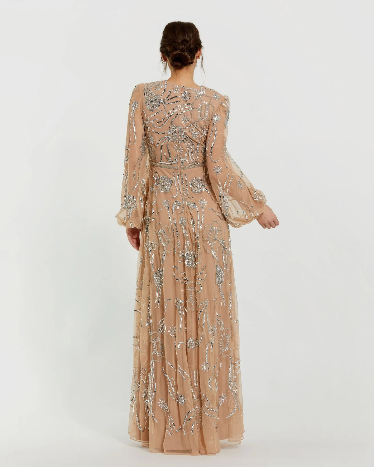 Mac Duggal Beige Embellished High Neck Puff Sleeve Gown