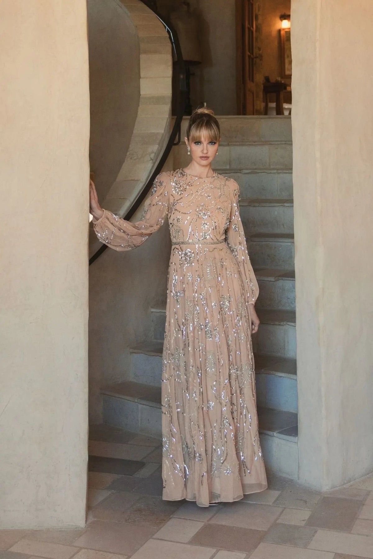 Mac Duggal Beige Embellished High Neck Puff Sleeve Gown
