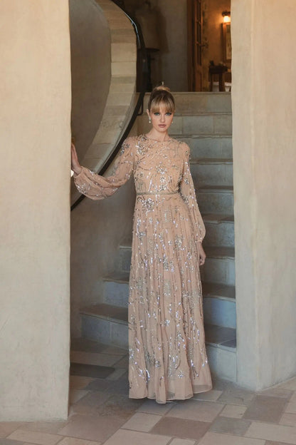 Mac Duggal Beige Embellished High Neck Puff Sleeve Gown