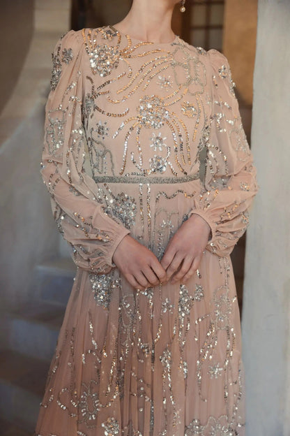 Mac Duggal Beige Embellished High Neck Puff Sleeve Gown