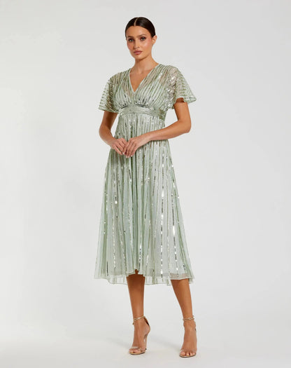 Mac Duggal Green Embellished Short Sleeve Empire Waist Dress
