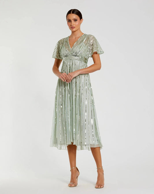 Mac Duggal Green Embellished Short Sleeve Empire Waist Dress