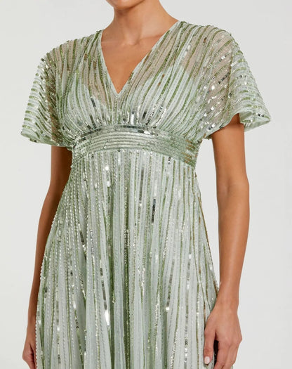 Mac Duggal Green Embellished Short Sleeve Empire Waist Dress