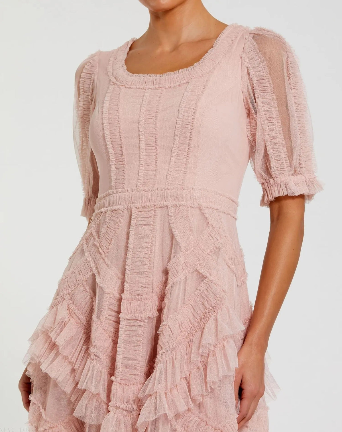 Mac Duggal Pink Short Sleeve Micro Ruffle Midi Dress