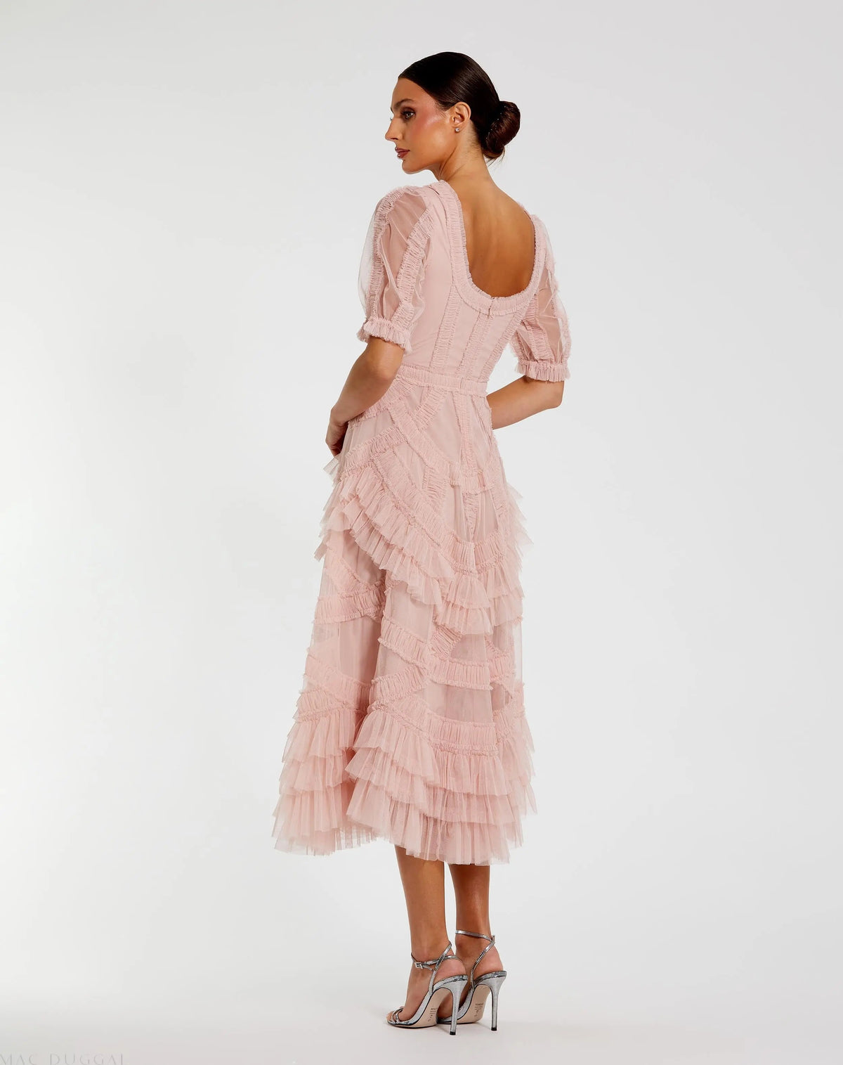 Mac Duggal Pink Short Sleeve Micro Ruffle Midi Dress