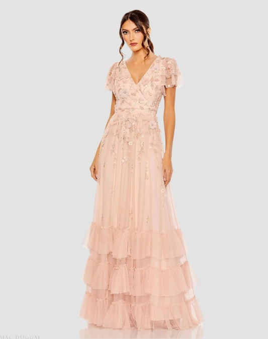 Mac Duggal Pink Ruffle Tiered Embellished Faux Wrap Flutter Sleeve Gown