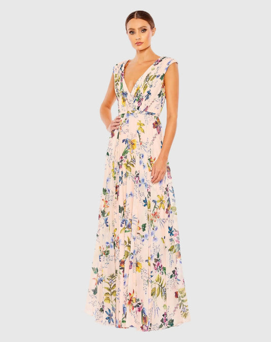 Mac Duggal Pleated Floral Cap Sleeve A Line Gown Duggal
