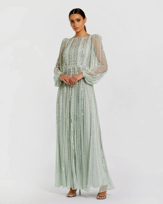 Mac Duggal Green Boat Neck Long Sleeve Beaded Gown