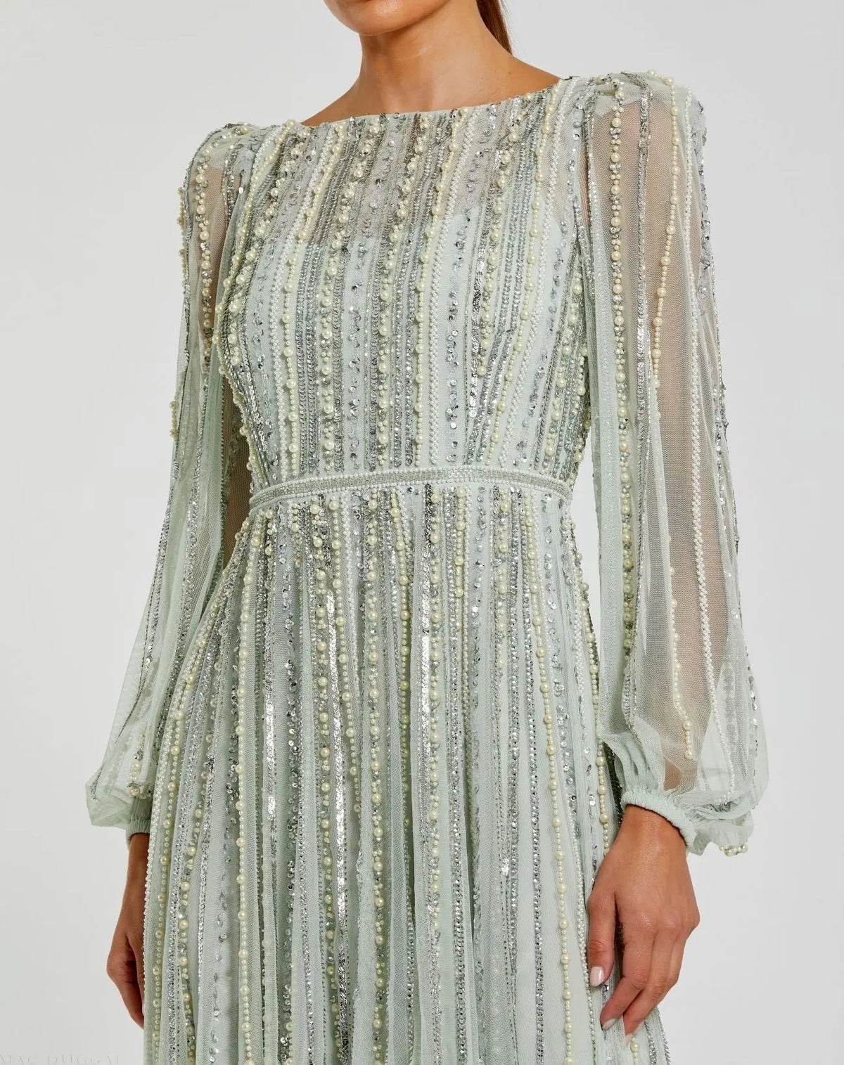 Mac Duggal Green Boat Neck Long Sleeve Beaded Gown
