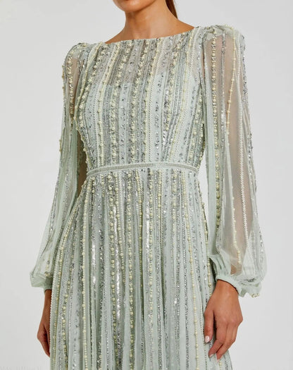 Mac Duggal Green Boat Neck Long Sleeve Beaded Gown