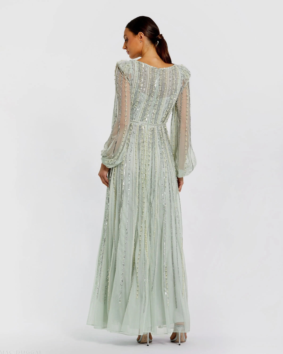 Mac Duggal Green Boat Neck Long Sleeve Beaded Gown