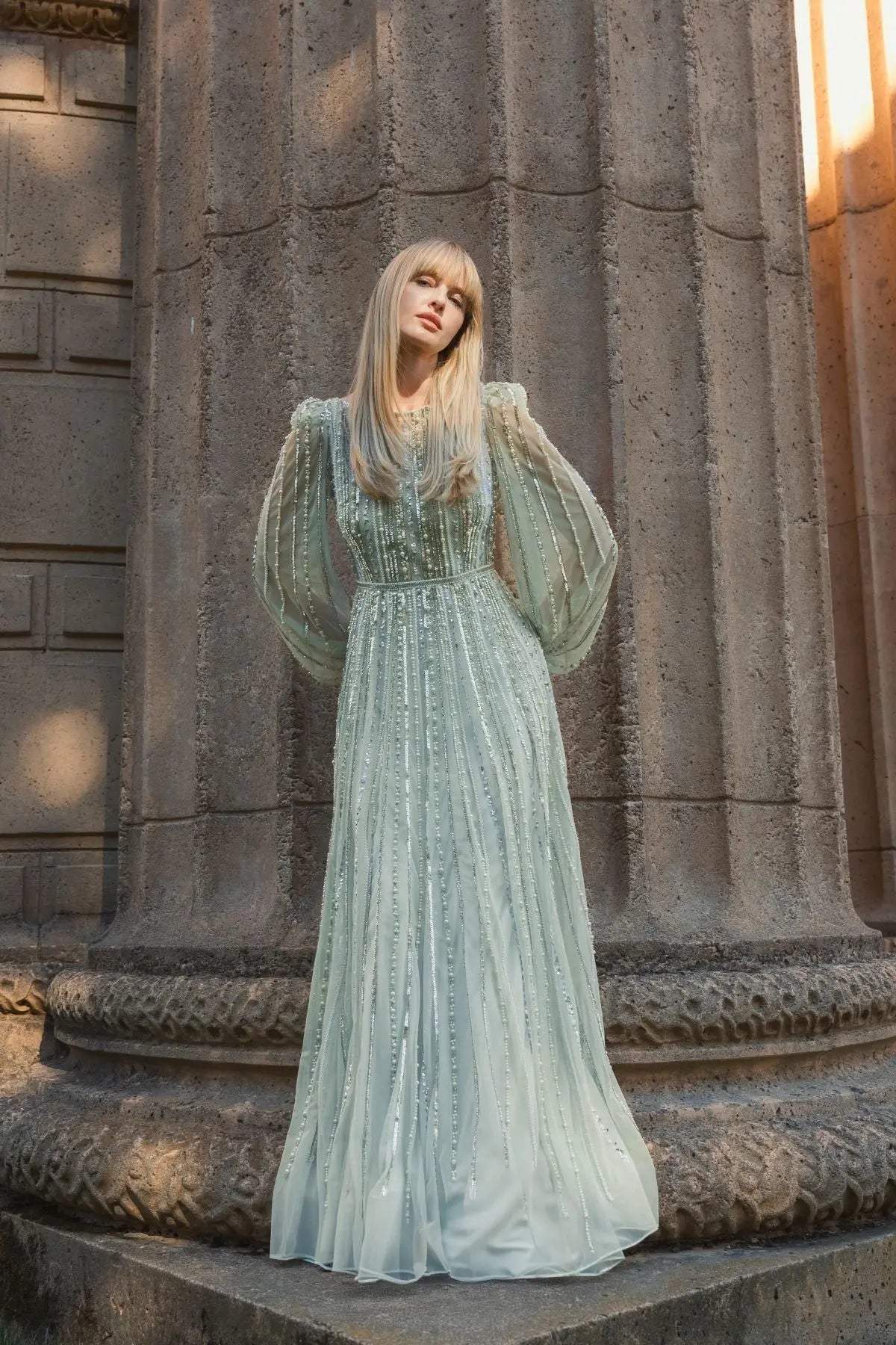 Mac Duggal Green Boat Neck Long Sleeve Beaded Gown