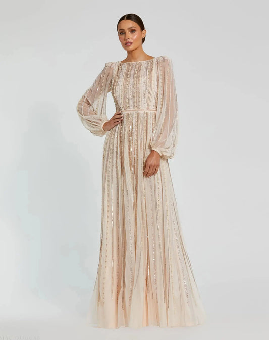 Mac Duggal Pink Boat Neck Long Sleeve Gown With Striped Beading