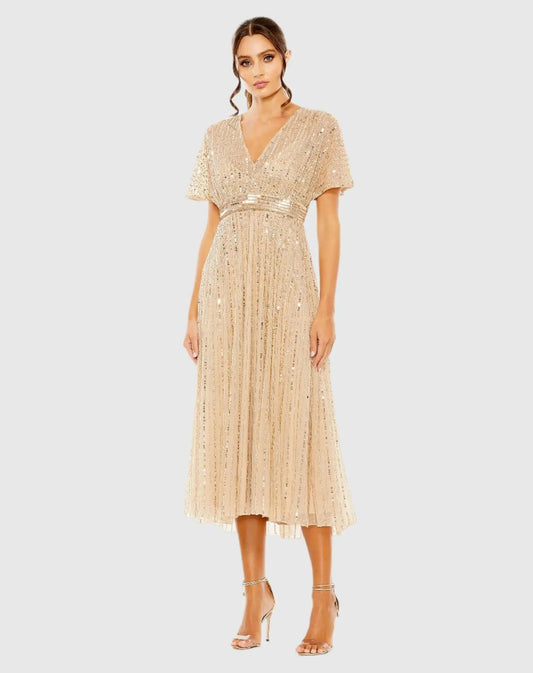 Mac Duggal Beige Embellished Short Sleeve Empire Waist Dress