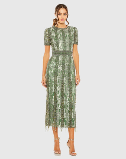Mac Duggal Green High Neck Short Sleeve Crystal Fringe Column Dress Duggal