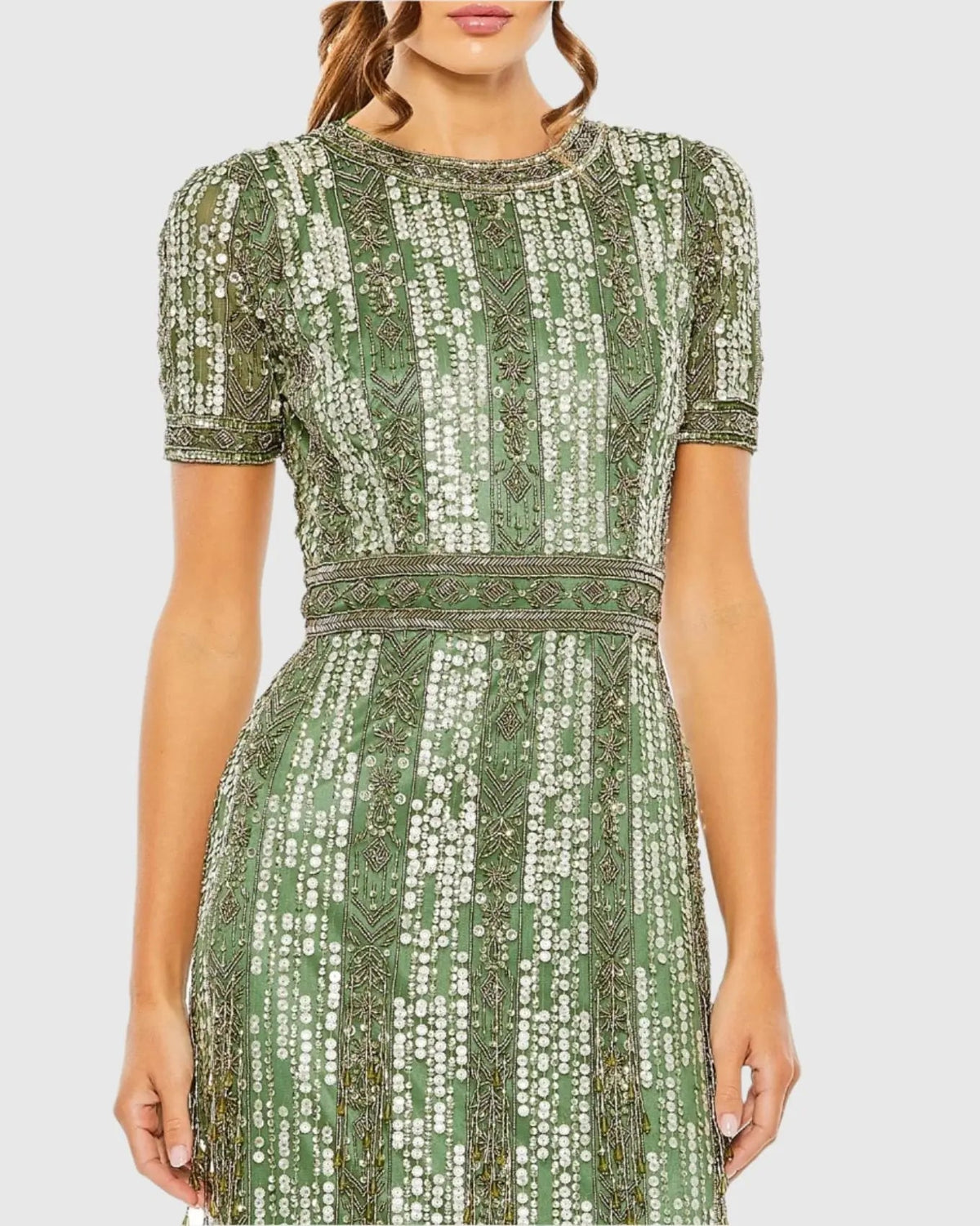 Mac Duggal Green High Neck Short Sleeve Crystal Fringe Column Dress Duggal