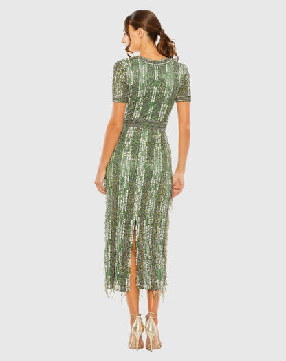 Mac Duggal Green High Neck Short Sleeve Crystal Fringe Column Dress Duggal