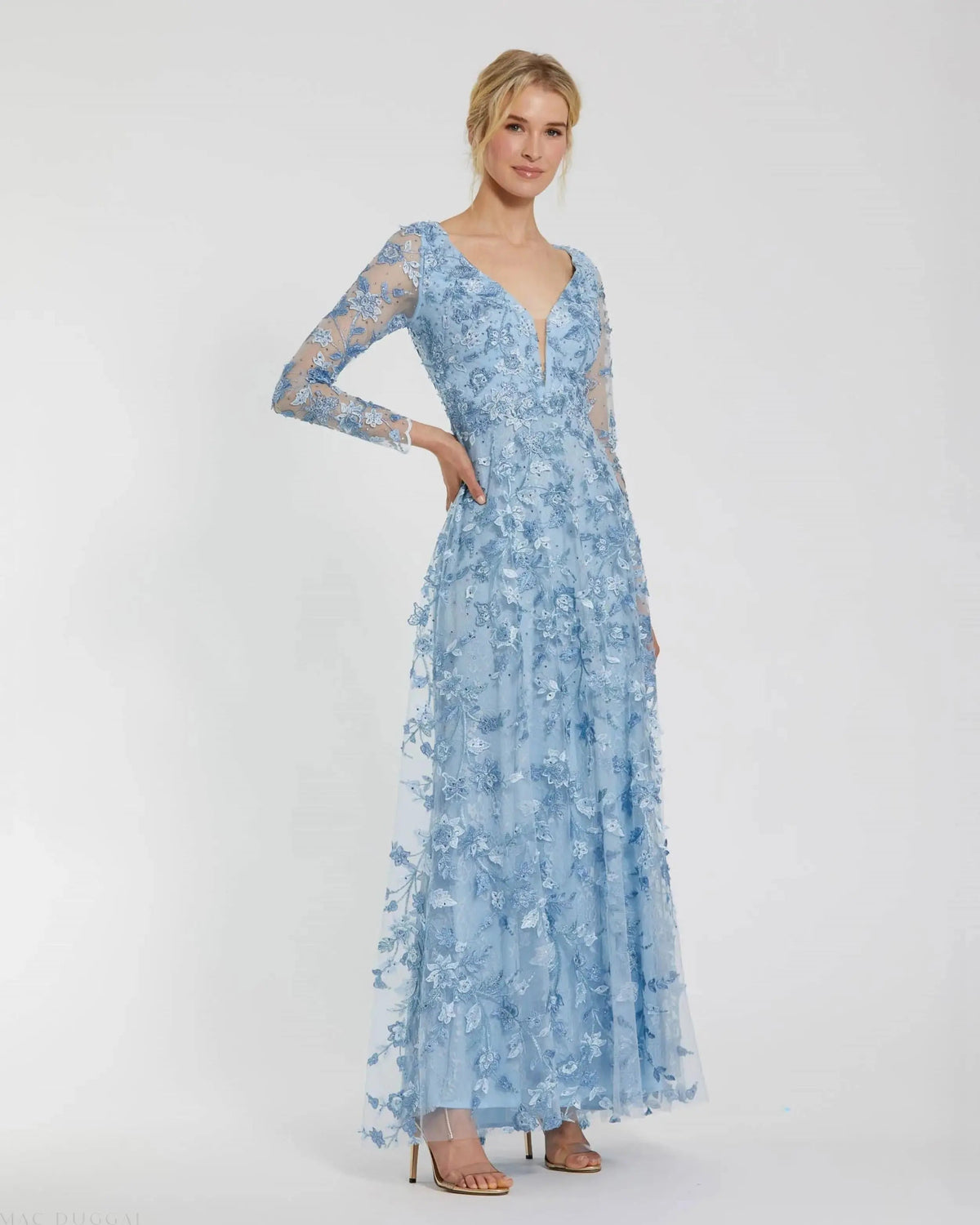 Mac Duggal Blue Floral Applique Long Sleeve Illusion Gown