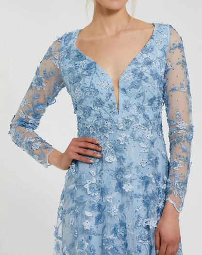 Mac Duggal Blue Floral Applique Long Sleeve Illusion Gown