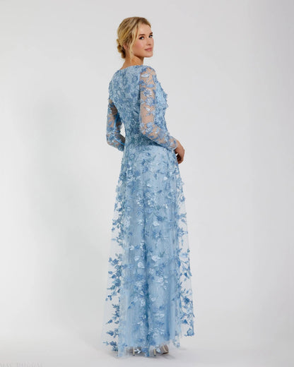 Mac Duggal Blue Floral Applique Long Sleeve Illusion Gown