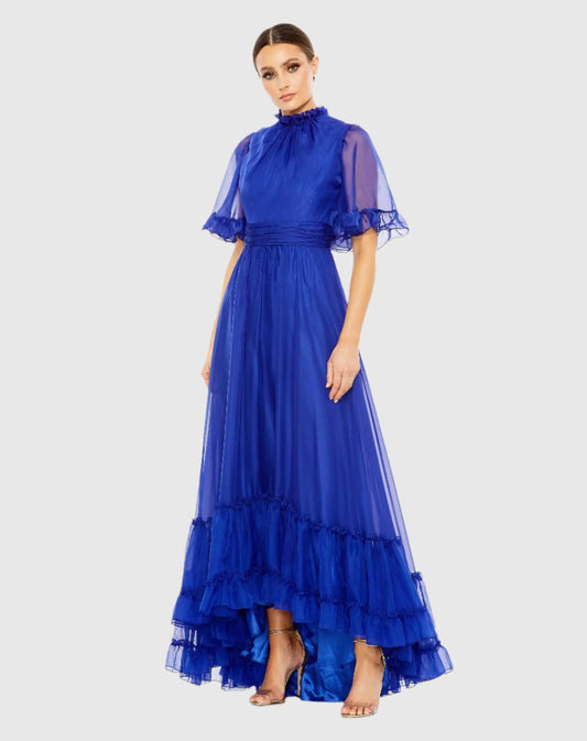 Mac Duggal Blue Ruffled Mock Neck Flutter Sleeve High Low Hem Gown Duggal