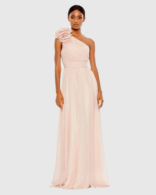 Mac Duggal Pink One Shoulder Polka Dot Chiffon Gown With Ruffle Detail